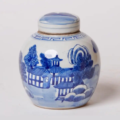 Blue and White Porcelain Landscape Round Storage Jar