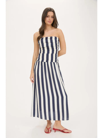 Vertical Stripe Strapless Midi Dress