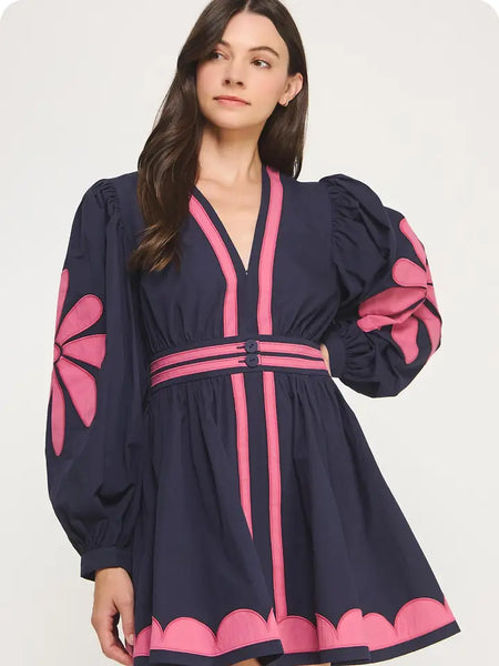 Flower Patch Contrast Embroidery Mini Dress