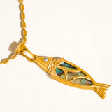 Dolphina 18K Gold Non-Tarnish Vintage Abalone Fish Necklace