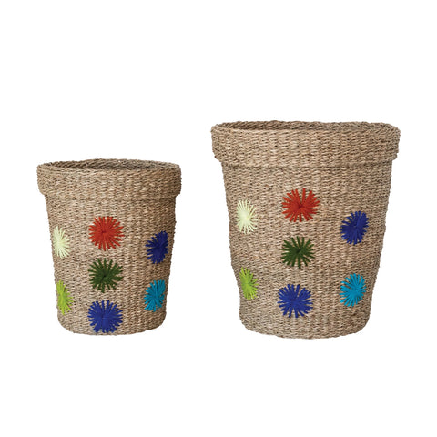 Hand-Woven Baskets with Embroidered Flowers