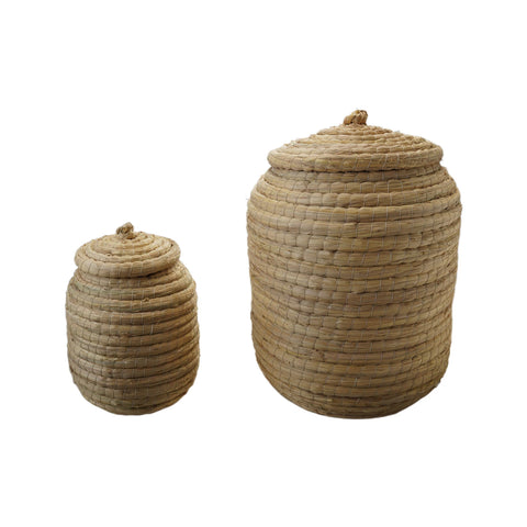 Hand-Woven Straw Baskets with Lids