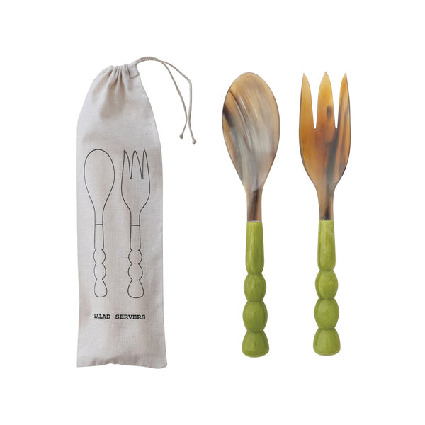 Natural Horn Salad Servers w/ Marbled Resin Handles