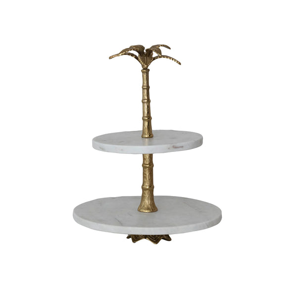 Marble 2-Tier Tray with Aluminum Palm Tree Shaped Handle