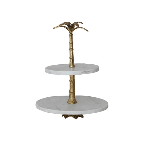 Marble 2-Tier Tray with Aluminum Palm Tree Shaped Handle