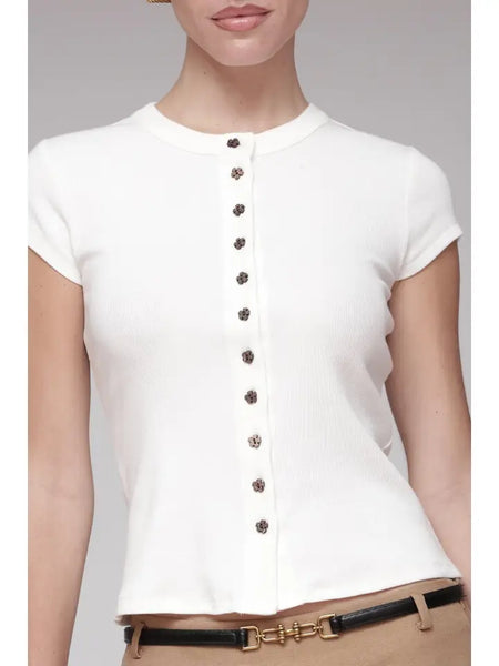 Flower Button Cotton T-Shirt