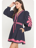 Flower Patch Contrast Embroidery Mini Dress