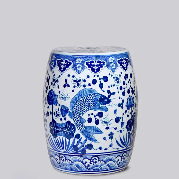 Blue and White Porcelain Fish and Lotus Garden Seat