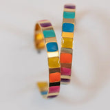 Gold and Rainbow Enamel Striped Hoop Statement Earrings