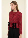 Plaid Tweed Velvet Bow Detail Button Down Jacket