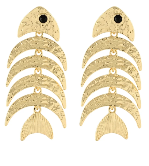 Gold Hammered Fish Bone Earrings