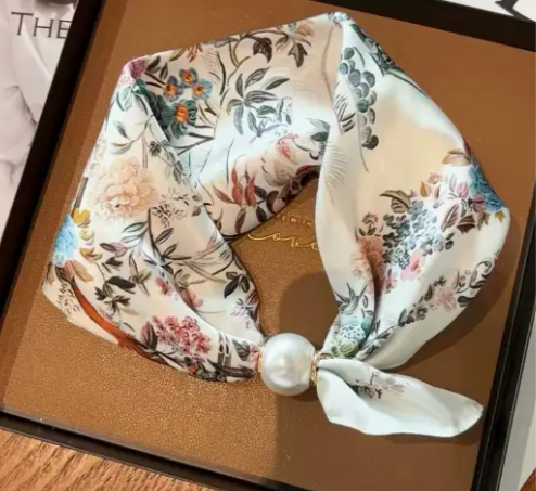 Satin Scarf with Pearl Clasp | Floral