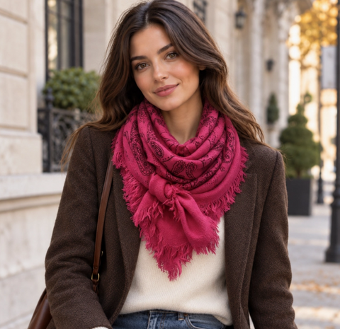 Small Paisley Pattern Wool Square Scarf | Fuchsia
