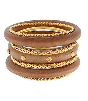 7 Row Wood & Metal Bangle Bracelet