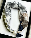 Satin Scarf with Pearl Clasp | Green Paisley