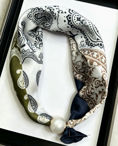Satin Scarf with Pearl Clasp | Green Paisley