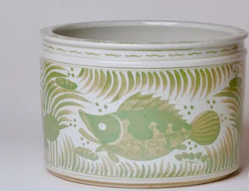 Green and White Porcelain Fish and Lotus Wide Cachepot