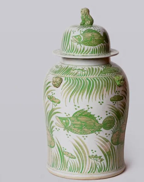 Green and White Fish and Lotus Porcelain Temple Jar
