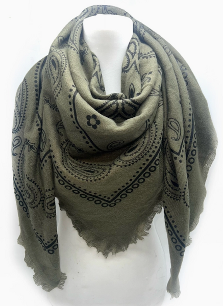 Paisley Pattern Square Wool Scarf | Khaki