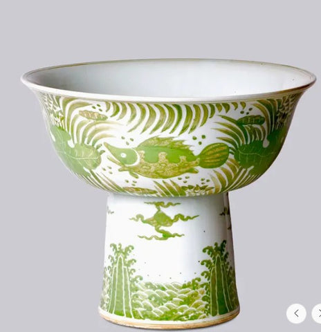 Green and White Porcelain Fish and Lotus Footed Bowl