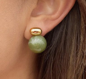Velisse 18K Gold Non-Tarnish Green Marble Ball Earrings