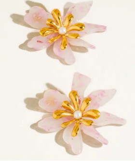 Oona 18K Gold Non-Tarnish Pink Floral Statement Earrings
