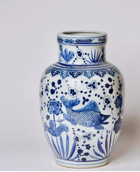 Blue and White Porcelain Fish and Lotus Mallet Vase
