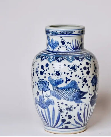 Blue and White Porcelain Fish and Lotus Mallet Vase
