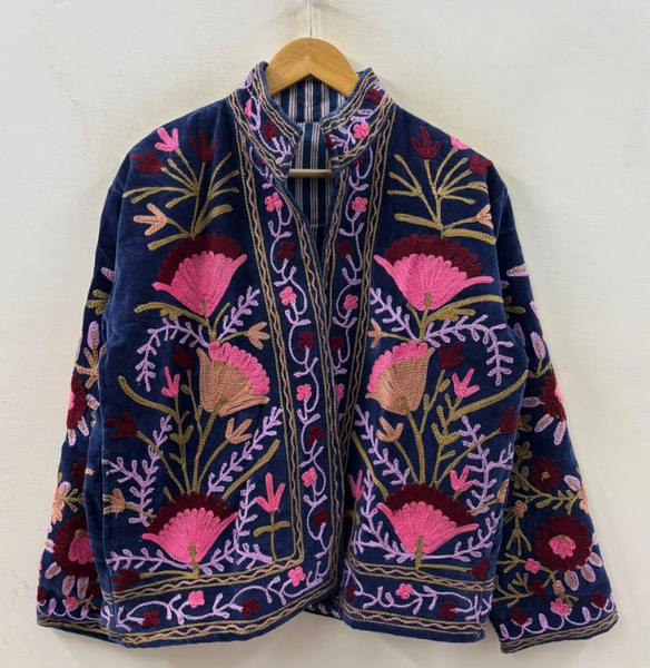 Midnight Navy Hand-Embroidered Velvet Jacket