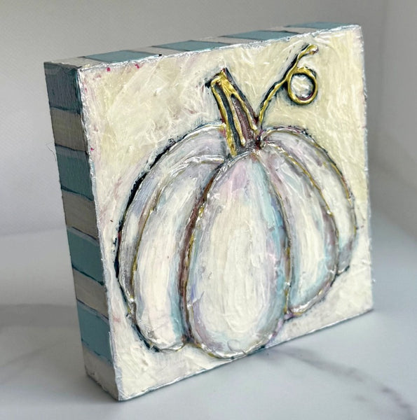 Pastel White Pumpkin Textured Hand-painted Wood Block Art