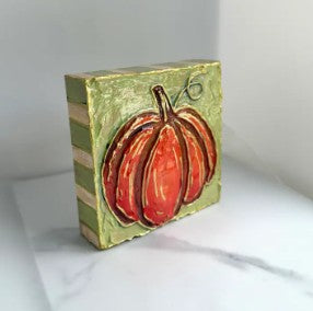 Orange Pumpkin Striped Textured Hand-painted Wood Block Art⁠