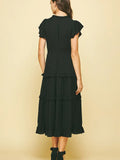 Ruffled Tea Length Dress - Black