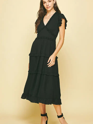 Ruffled Tea Length Dress - Black