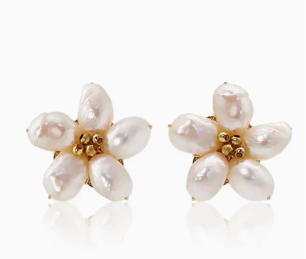 Pearly Flowers Stud Earrings - 24K Gold Plated