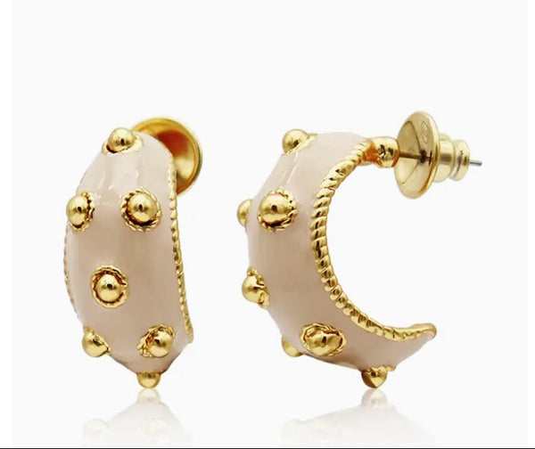 Dots Hoop Earrings Beige Enamel - 24K Gold Plated