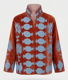 Powder Blue & Rust Hand-Embroidered Velvet Cape Jacket