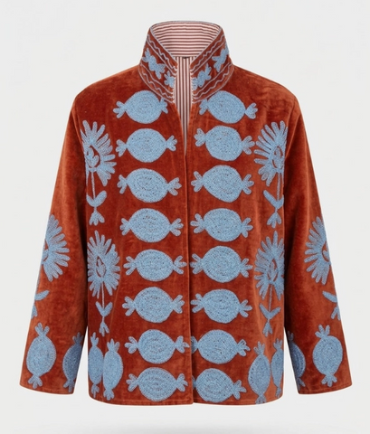 Powder Blue & Rust Hand-Embroidered Velvet Cape Jacket