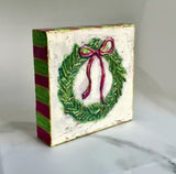 Christmas Wreath Hand-painted Wood Block Art with Pink Bow
